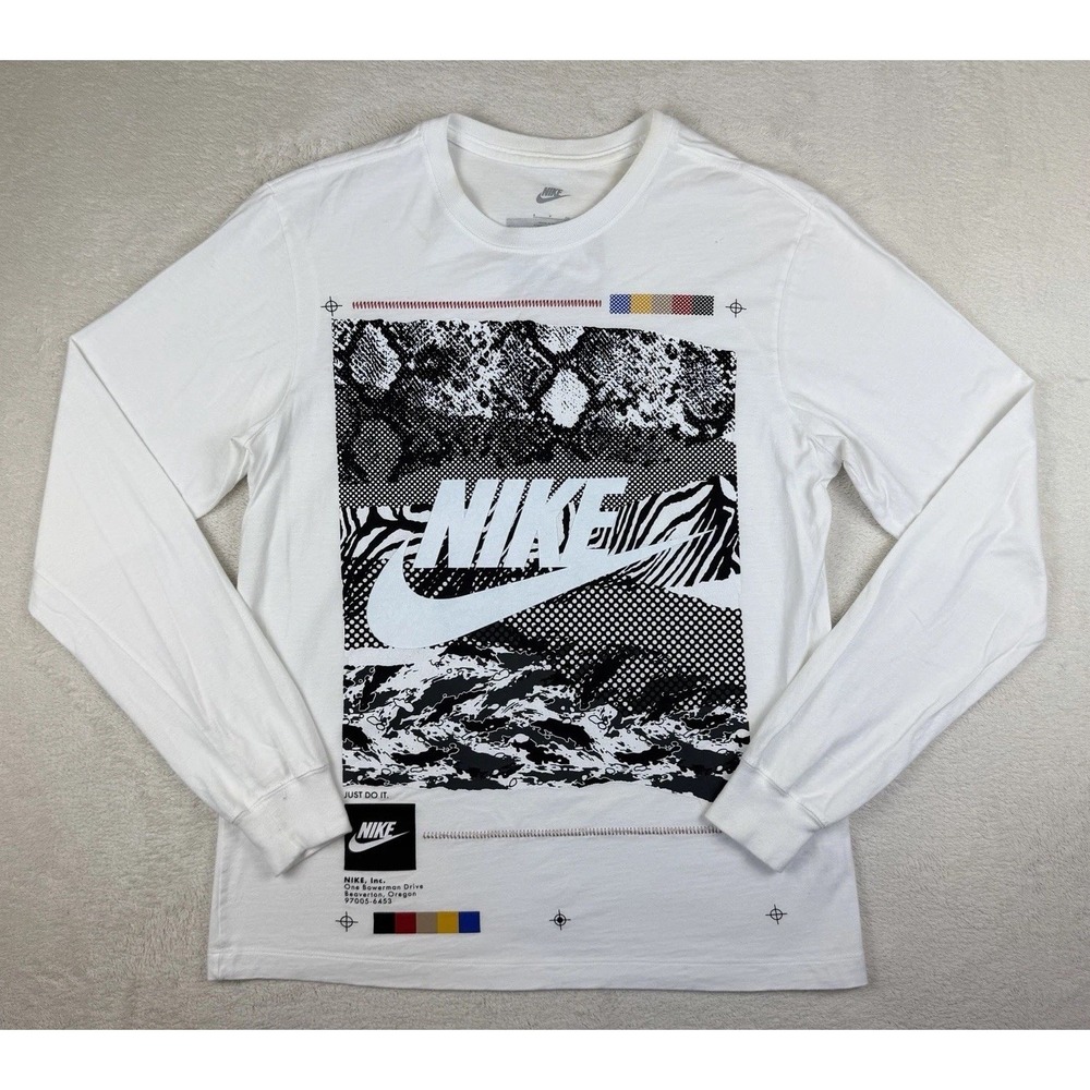 NIKE Mens A&R Graphic Logo Long Sleeve T-Shirt White Black Size S, 363282-10A